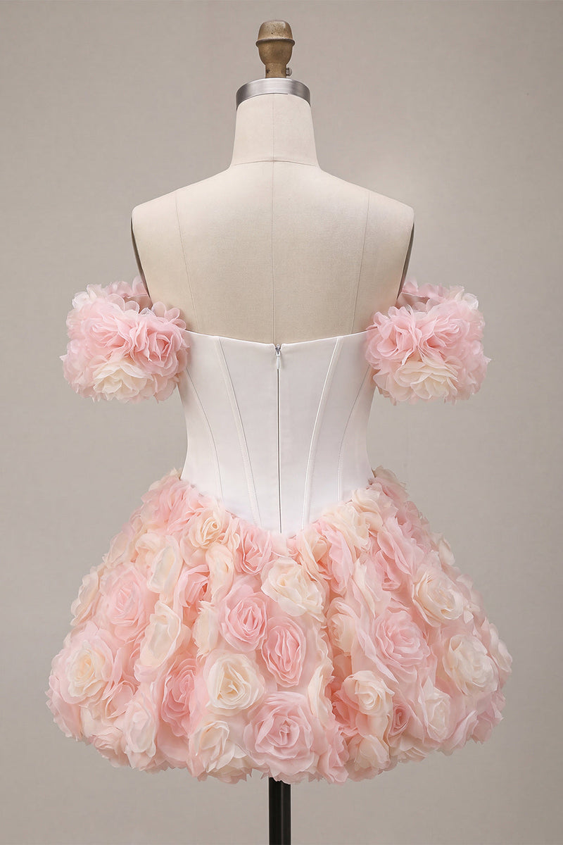 Load image into Gallery viewer, White and Pink Corset A-Line Short Cocktail Dress with 3D Flowers