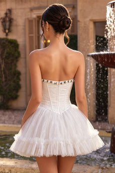 White Lace Corset A-Line Short Cocktail Dress with 3D Flowers