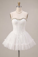 Load image into Gallery viewer, White Lace Corset A-Line Short Cocktail Dress with 3D Flowers