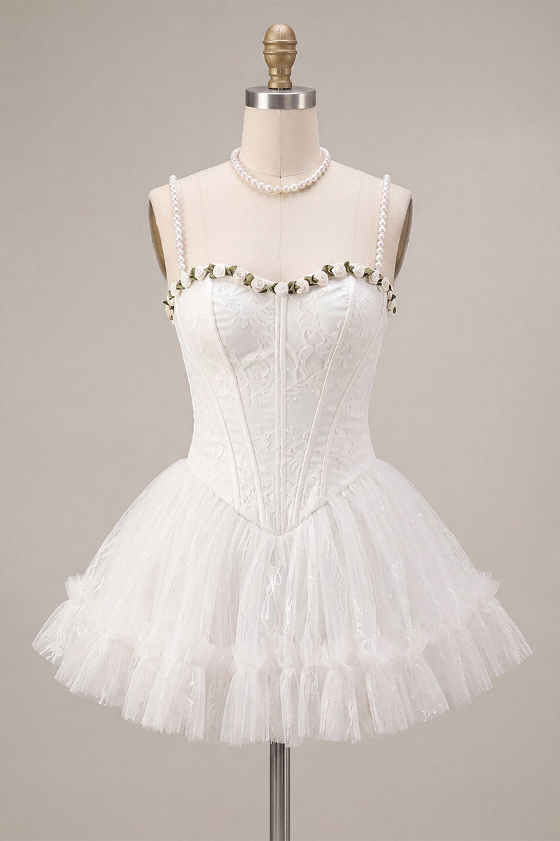 Load image into Gallery viewer, White Lace Corset A-Line Short Cocktail Dress with 3D Flowers