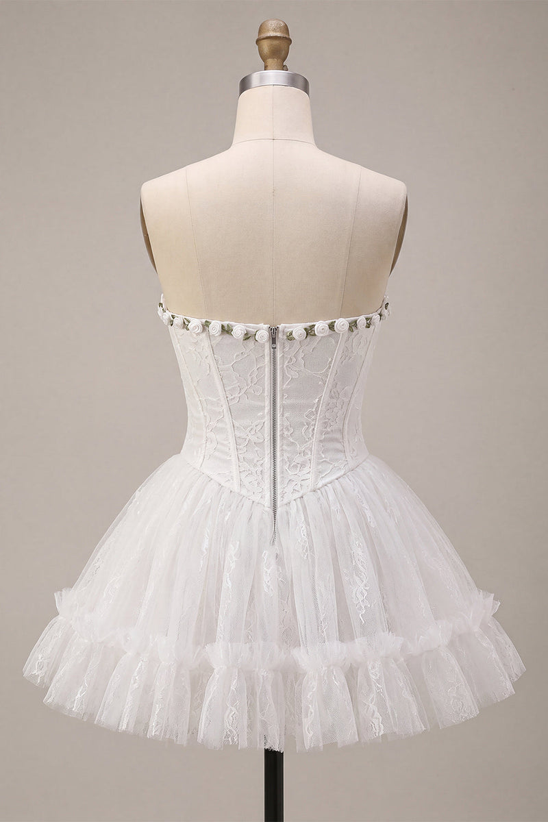 Load image into Gallery viewer, White Lace Corset A-Line Short Cocktail Dress with 3D Flowers