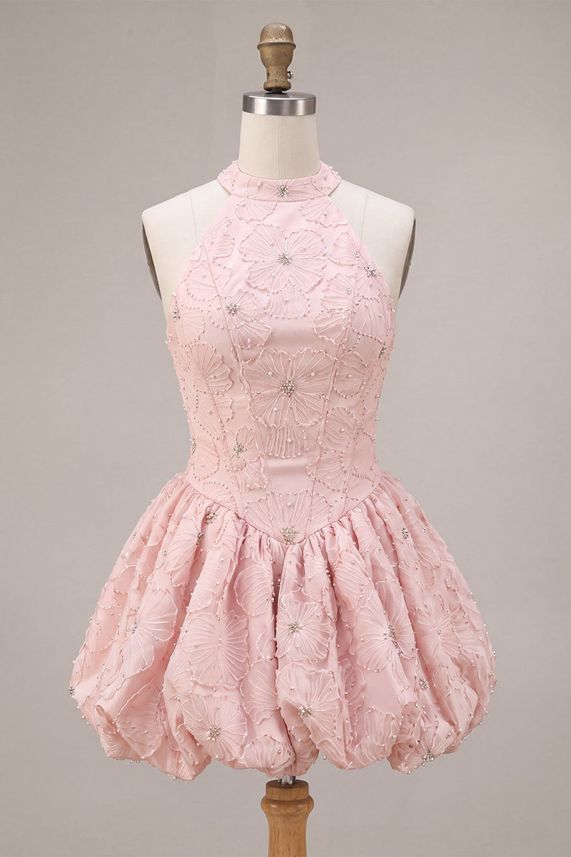 Load image into Gallery viewer, Sparkly Floral Pink Beaded A-Line Short Corset Cocktail Dress