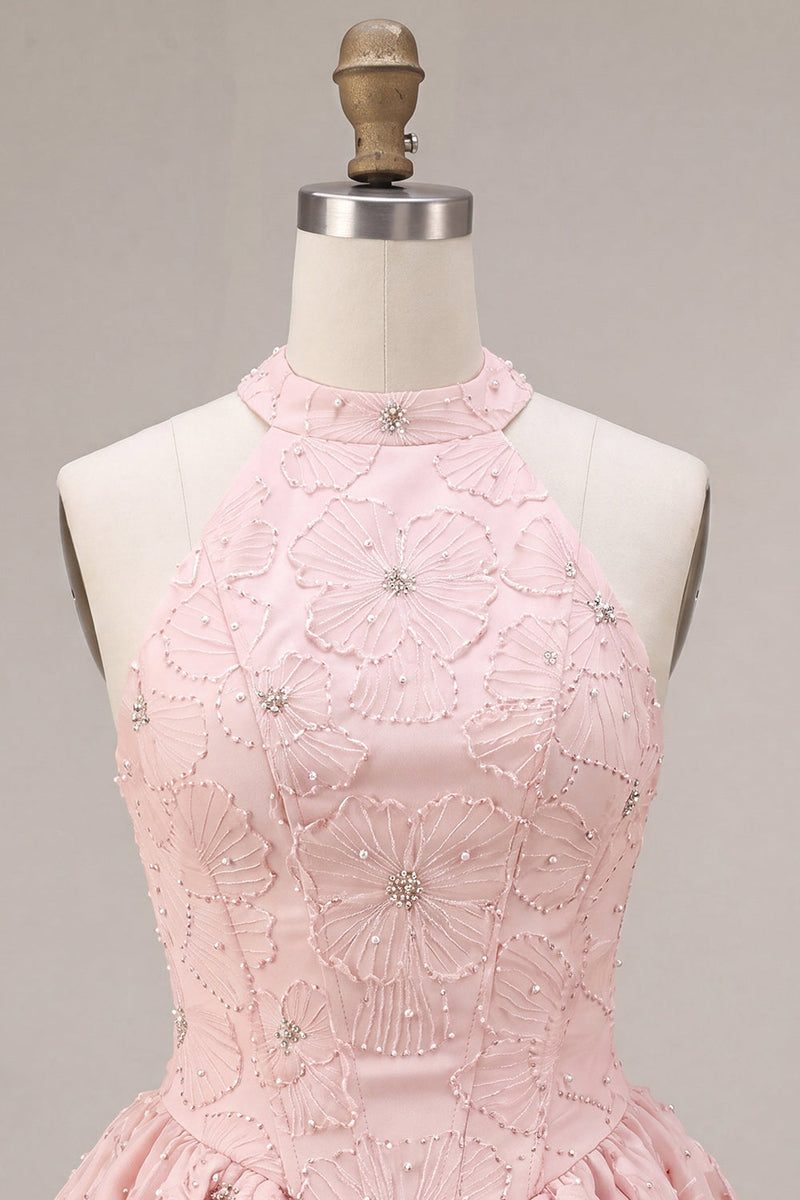 Load image into Gallery viewer, Sparkly Floral Pink Beaded A-Line Short Corset Cocktail Dress