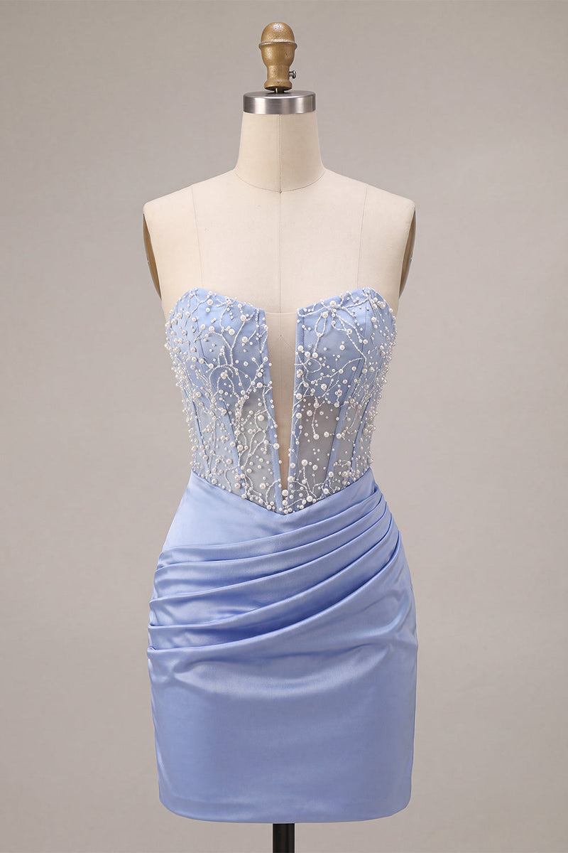 Load image into Gallery viewer, Sparkly Sky Blue Strapless Corset Beaded Tight Short Cocktail Dress