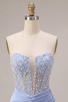 Load image into Gallery viewer, Sparkly Sky Blue Strapless Corset Beaded Tight Short Cocktail Dress
