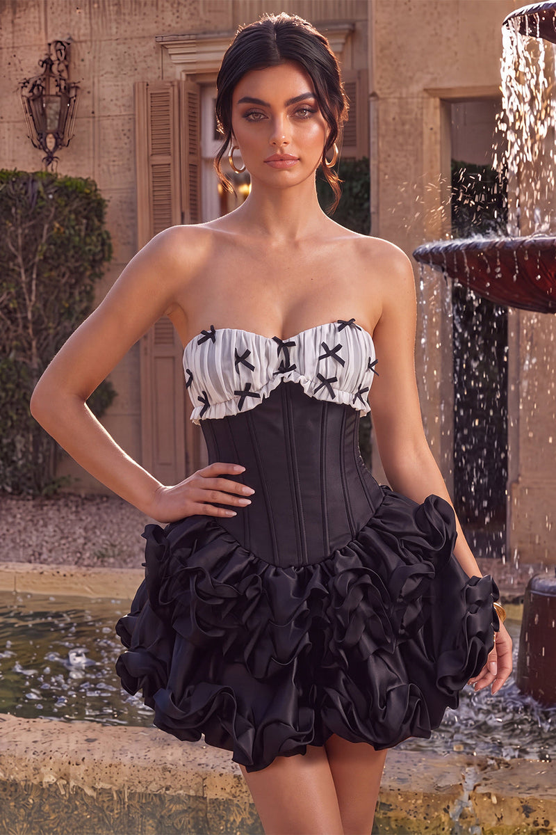 Load image into Gallery viewer, Black Strapless A Line Ruffled Short Corset Cocktail Dress with Bow