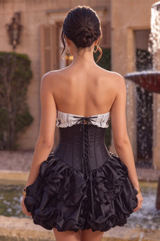 Black Strapless A Line Ruffled Short Corset Cocktail Dress with Bow