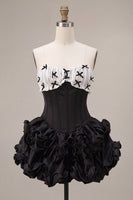 Load image into Gallery viewer, Black Strapless A Line Ruffled Short Corset Cocktail Dress with Bow