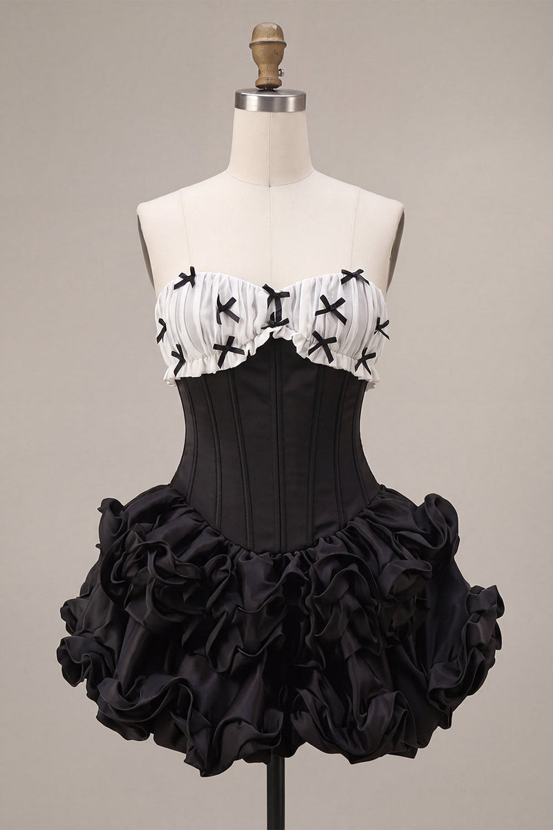 Load image into Gallery viewer, Black Strapless A Line Ruffled Short Corset Cocktail Dress with Bow