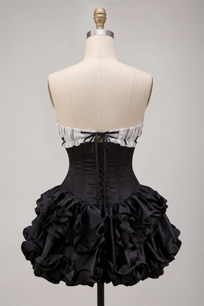 Load image into Gallery viewer, Black Strapless A Line Ruffled Short Corset Cocktail Dress with Bow