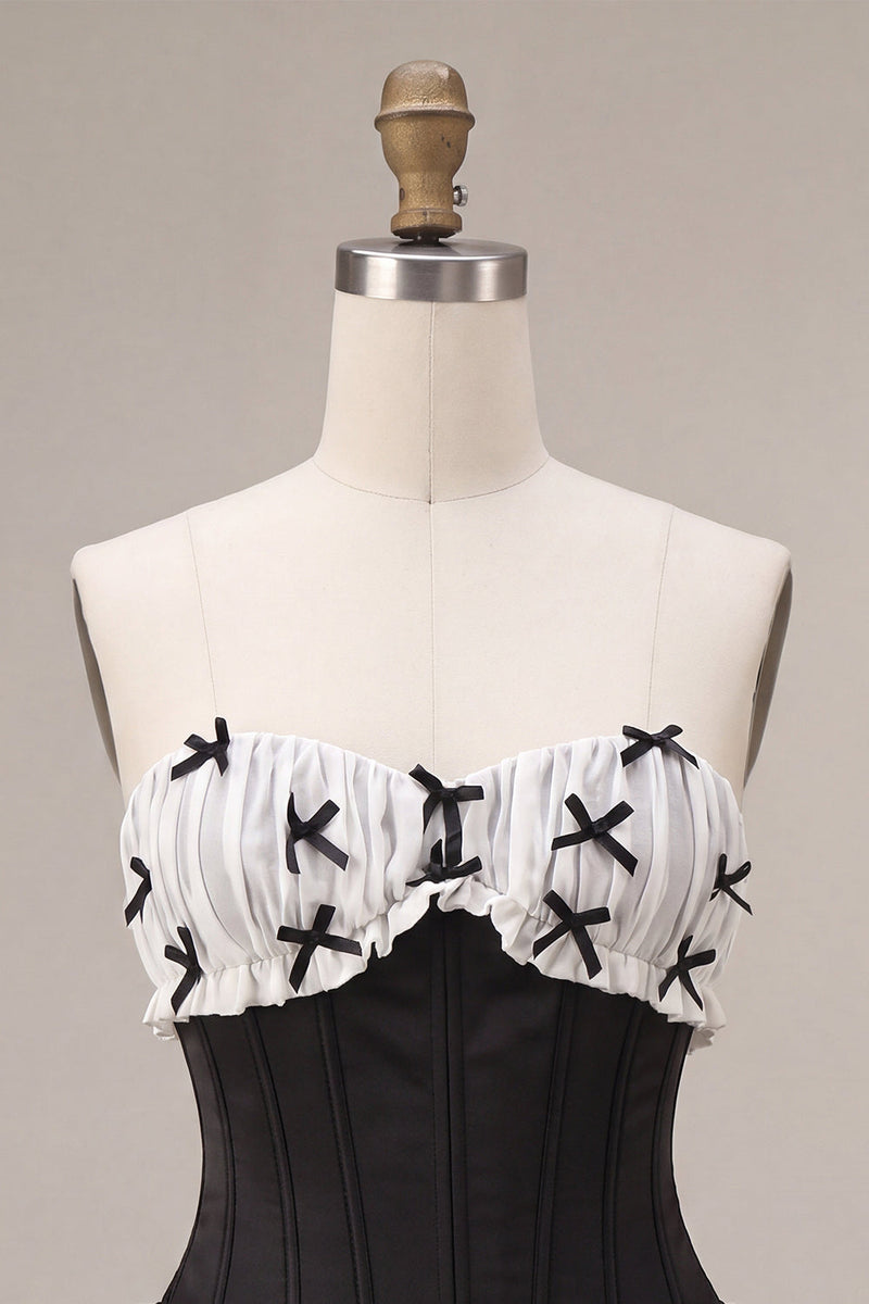 Load image into Gallery viewer, Black Strapless A Line Ruffled Short Corset Cocktail Dress with Bow
