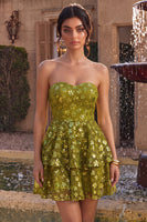 Load image into Gallery viewer, Sparkly Olive Floral Sequin Sweetheart A Line Ruffled Short Cocktail Dress