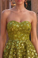 Load image into Gallery viewer, Sparkly Olive Floral Sequin Sweetheart A Line Ruffled Short Cocktail Dress