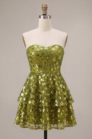 Load image into Gallery viewer, Sparkly Olive Floral Sequin Sweetheart A Line Ruffled Short Cocktail Dress