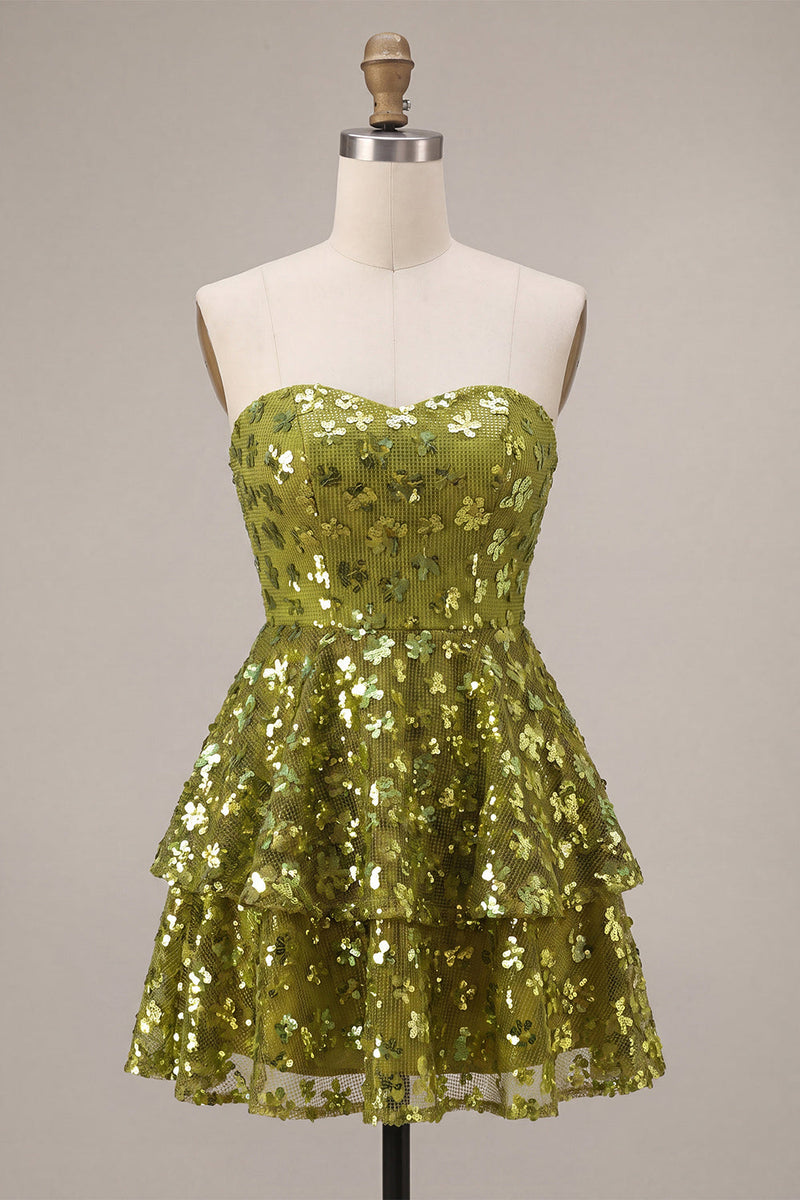 Load image into Gallery viewer, Sparkly Olive Floral Sequin Sweetheart A Line Ruffled Short Cocktail Dress