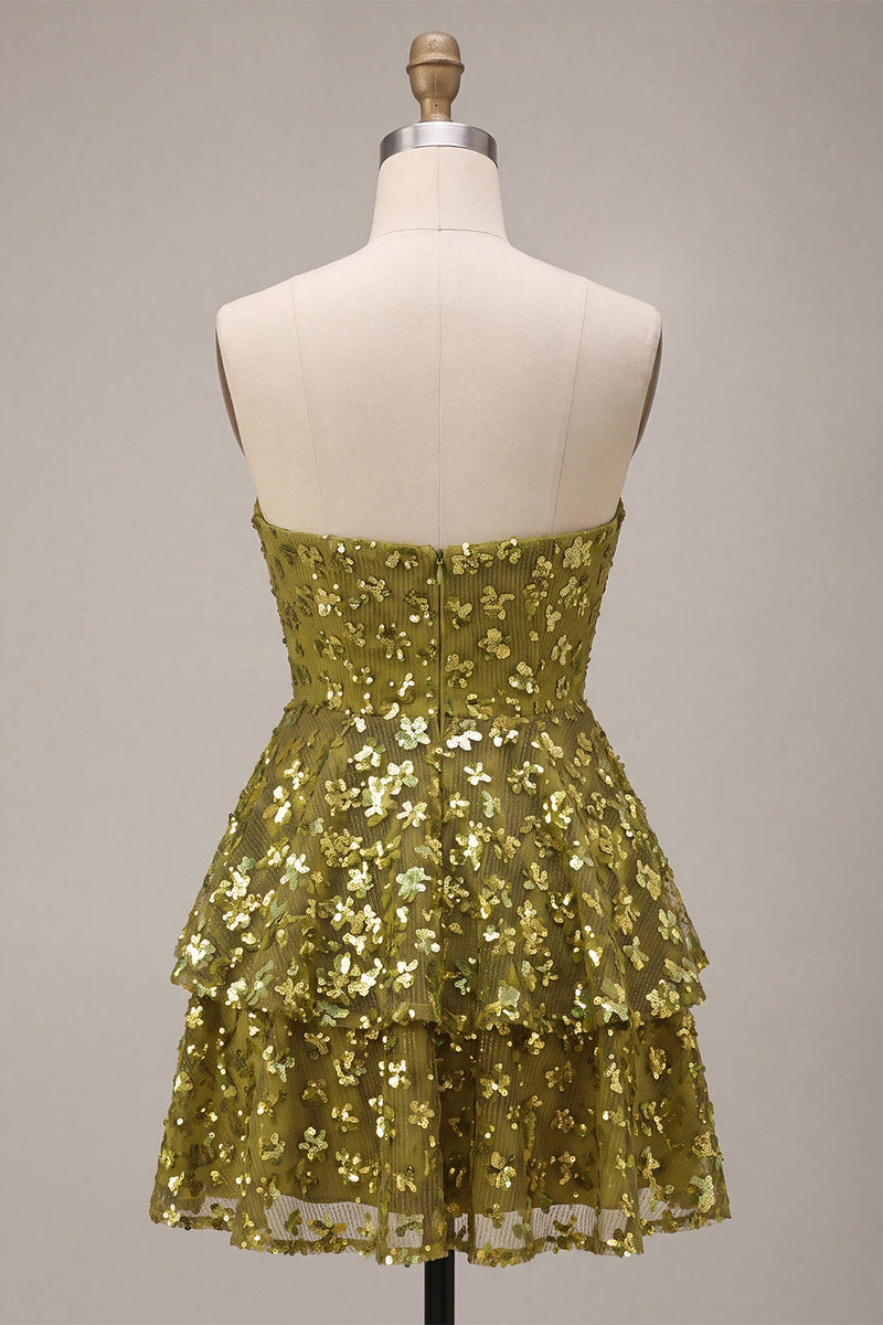 Load image into Gallery viewer, Sparkly Olive Floral Sequin Sweetheart A Line Ruffled Short Cocktail Dress