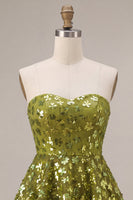 Load image into Gallery viewer, Sparkly Olive Floral Sequin Sweetheart A Line Ruffled Short Cocktail Dress