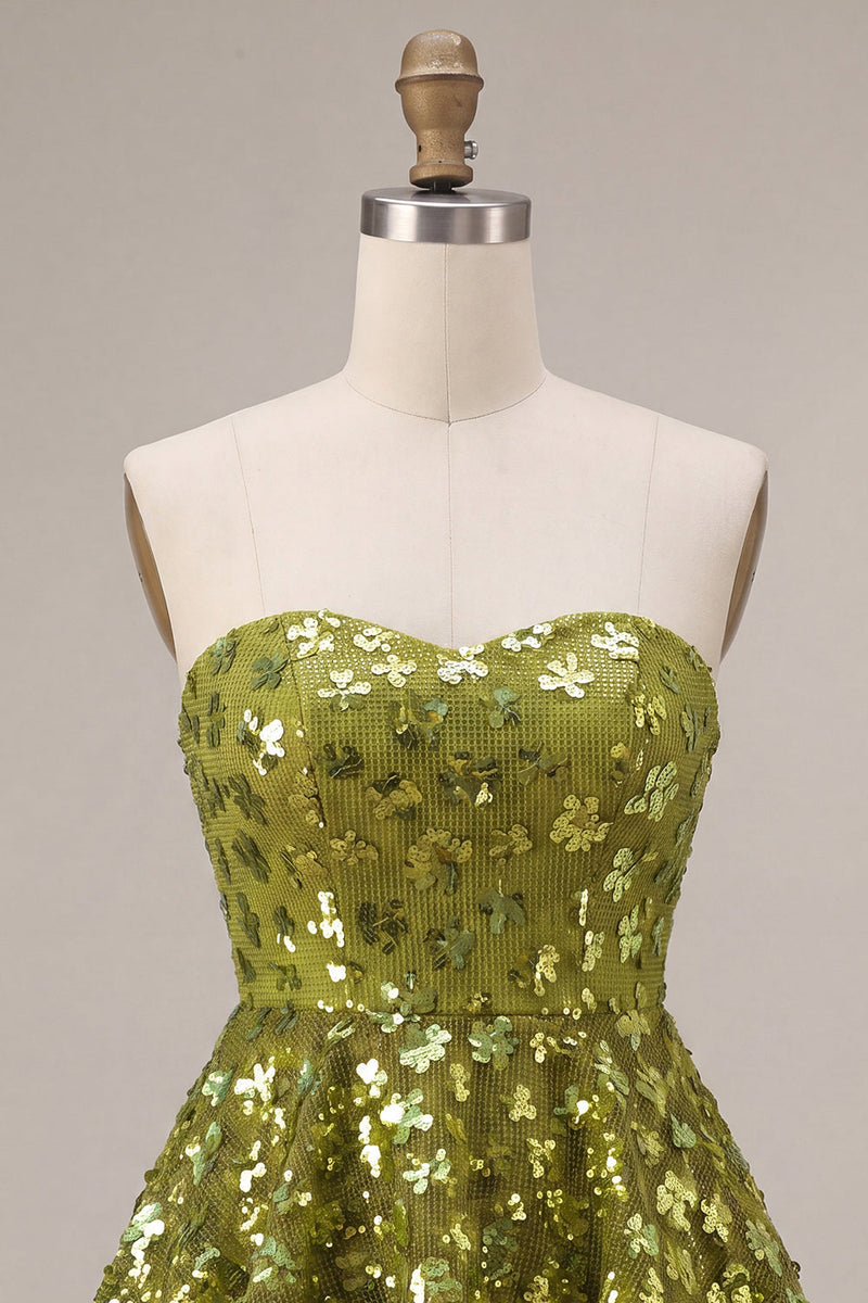 Load image into Gallery viewer, Sparkly Olive Floral Sequin Sweetheart A Line Ruffled Short Cocktail Dress