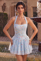 Load image into Gallery viewer, Sky Blue Floral Halter A Line Short Corset Cocktail Dress with Lace