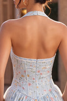 Load image into Gallery viewer, Sky Blue Floral Halter A Line Short Corset Cocktail Dress with Lace