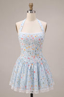 Load image into Gallery viewer, Sky Blue Floral Halter A Line Short Corset Cocktail Dress with Lace