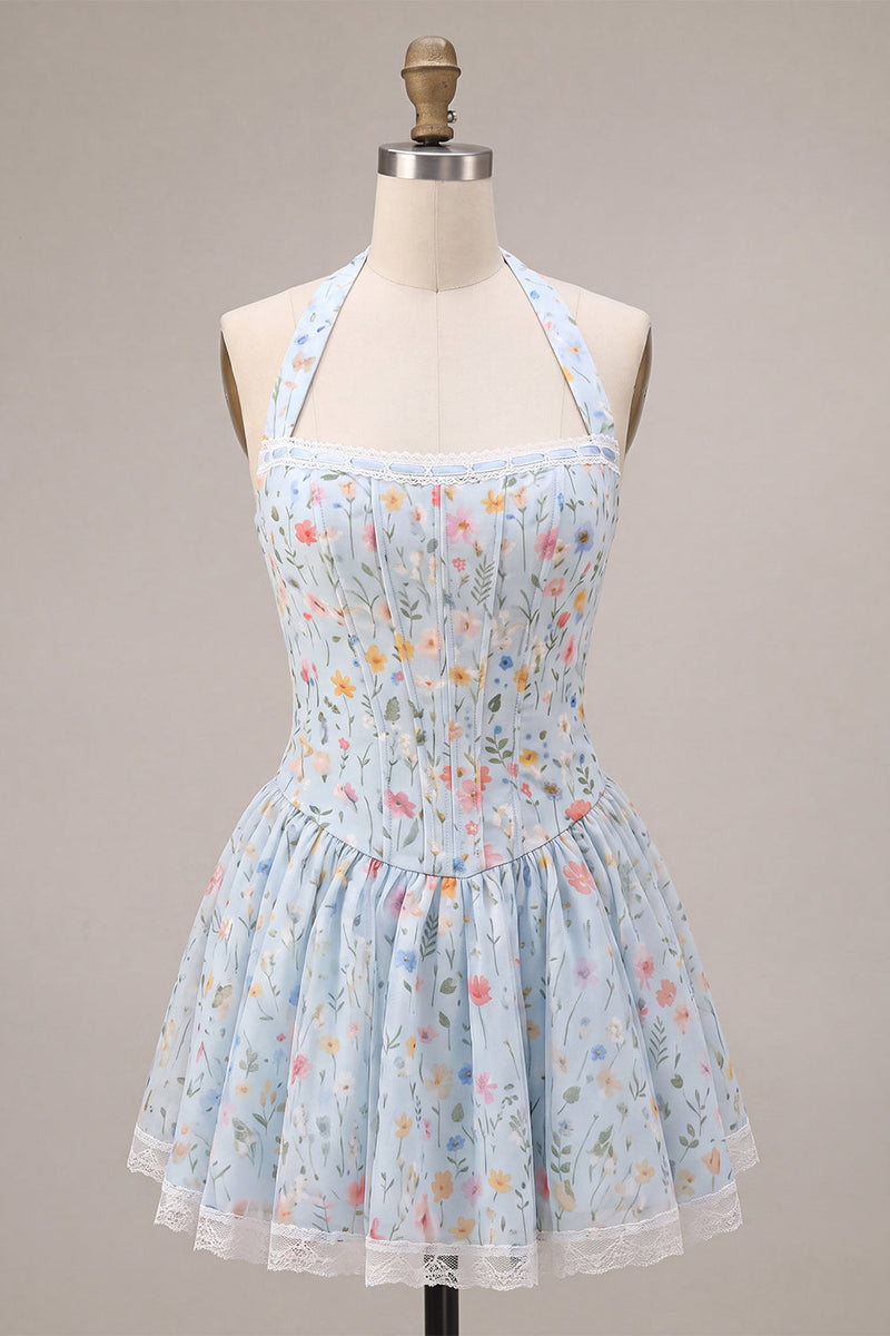 Load image into Gallery viewer, Sky Blue Floral Halter A Line Short Corset Cocktail Dress with Lace