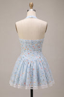 Load image into Gallery viewer, Sky Blue Floral Halter A Line Short Corset Cocktail Dress with Lace