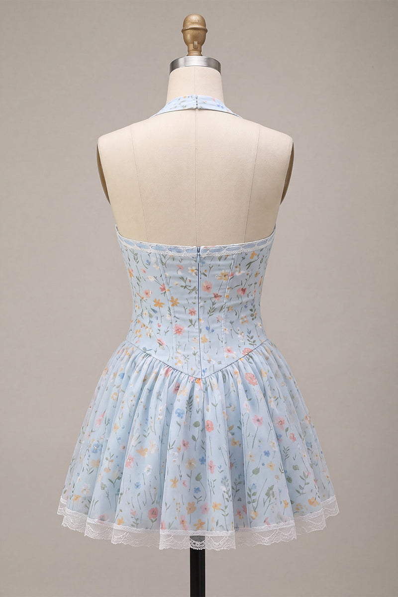 Load image into Gallery viewer, Sky Blue Floral Halter A Line Short Corset Cocktail Dress with Lace