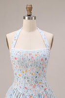 Load image into Gallery viewer, Sky Blue Floral Halter A Line Short Corset Cocktail Dress with Lace