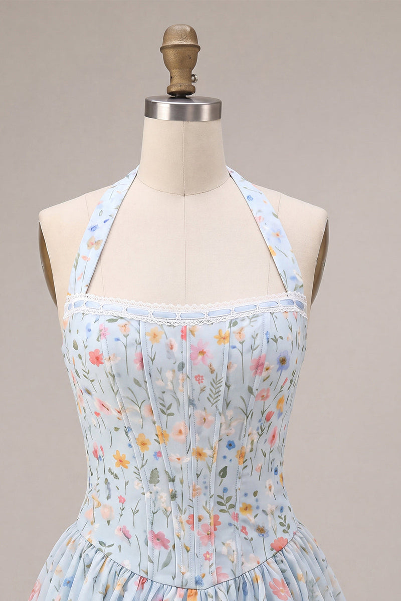 Load image into Gallery viewer, Sky Blue Floral Halter A Line Short Corset Cocktail Dress with Lace