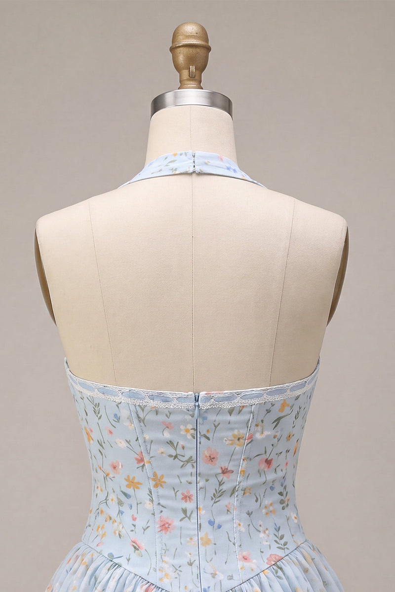Load image into Gallery viewer, Sky Blue Floral Halter A Line Short Corset Cocktail Dress with Lace