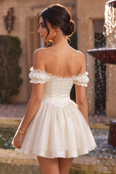 Ivory Ruffled A Line Short Corset Cocktail Dress with 3D Flower