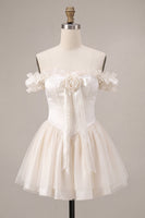 Load image into Gallery viewer, Ivory Ruffled A Line Short Corset Cocktail Dress with 3D Flower