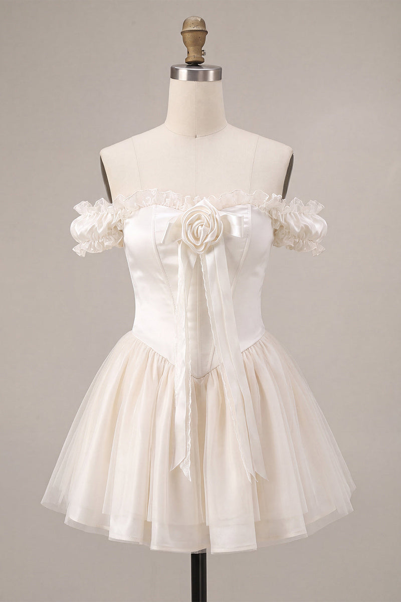 Load image into Gallery viewer, Ivory Ruffled A Line Short Corset Cocktail Dress with 3D Flower