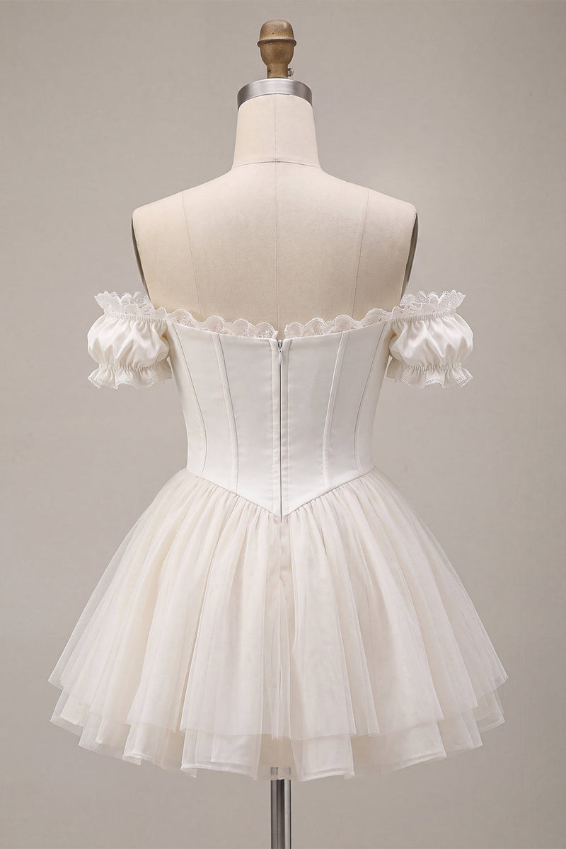 Load image into Gallery viewer, Ivory Ruffled A Line Short Corset Cocktail Dress with 3D Flower