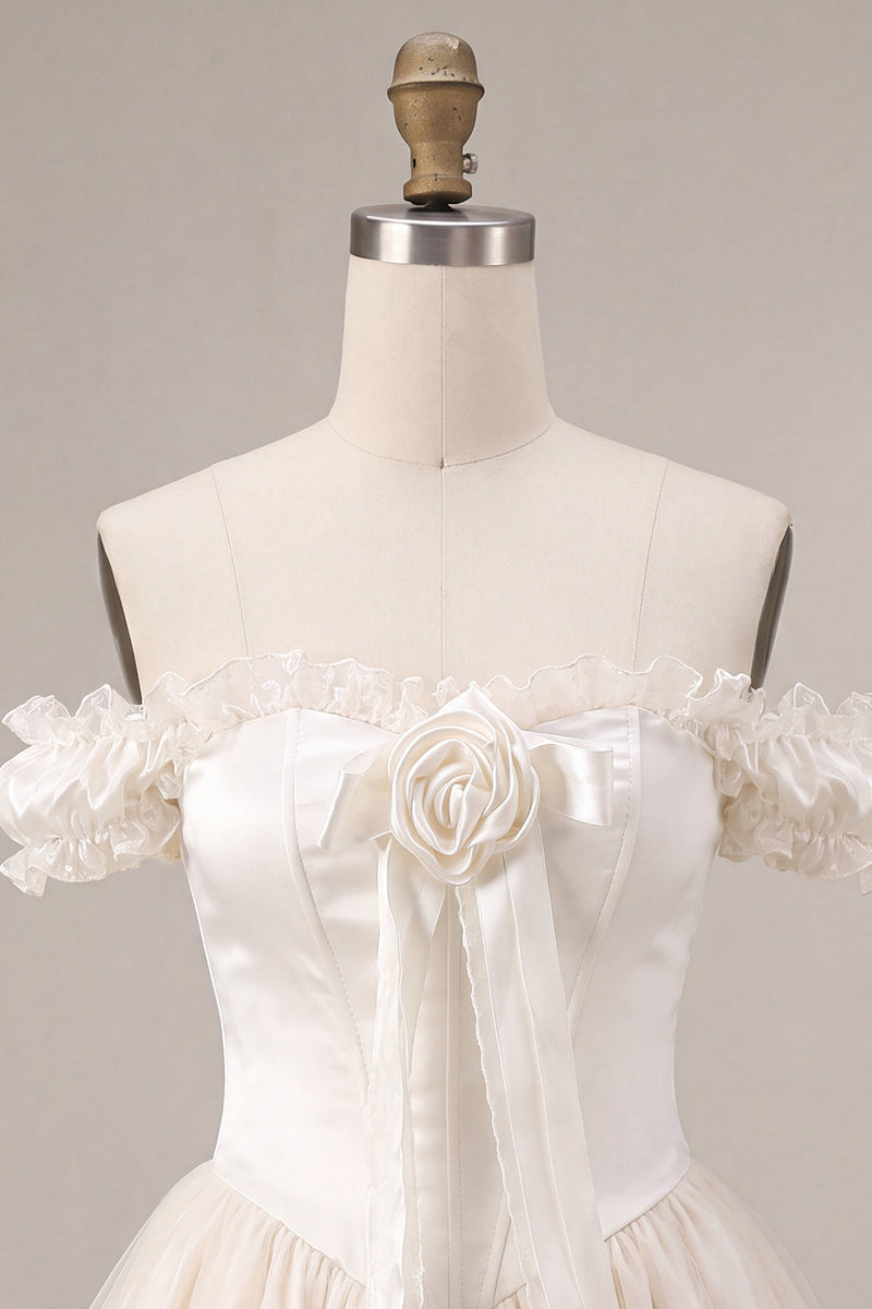 Load image into Gallery viewer, Ivory Ruffled A Line Short Corset Cocktail Dress with 3D Flower
