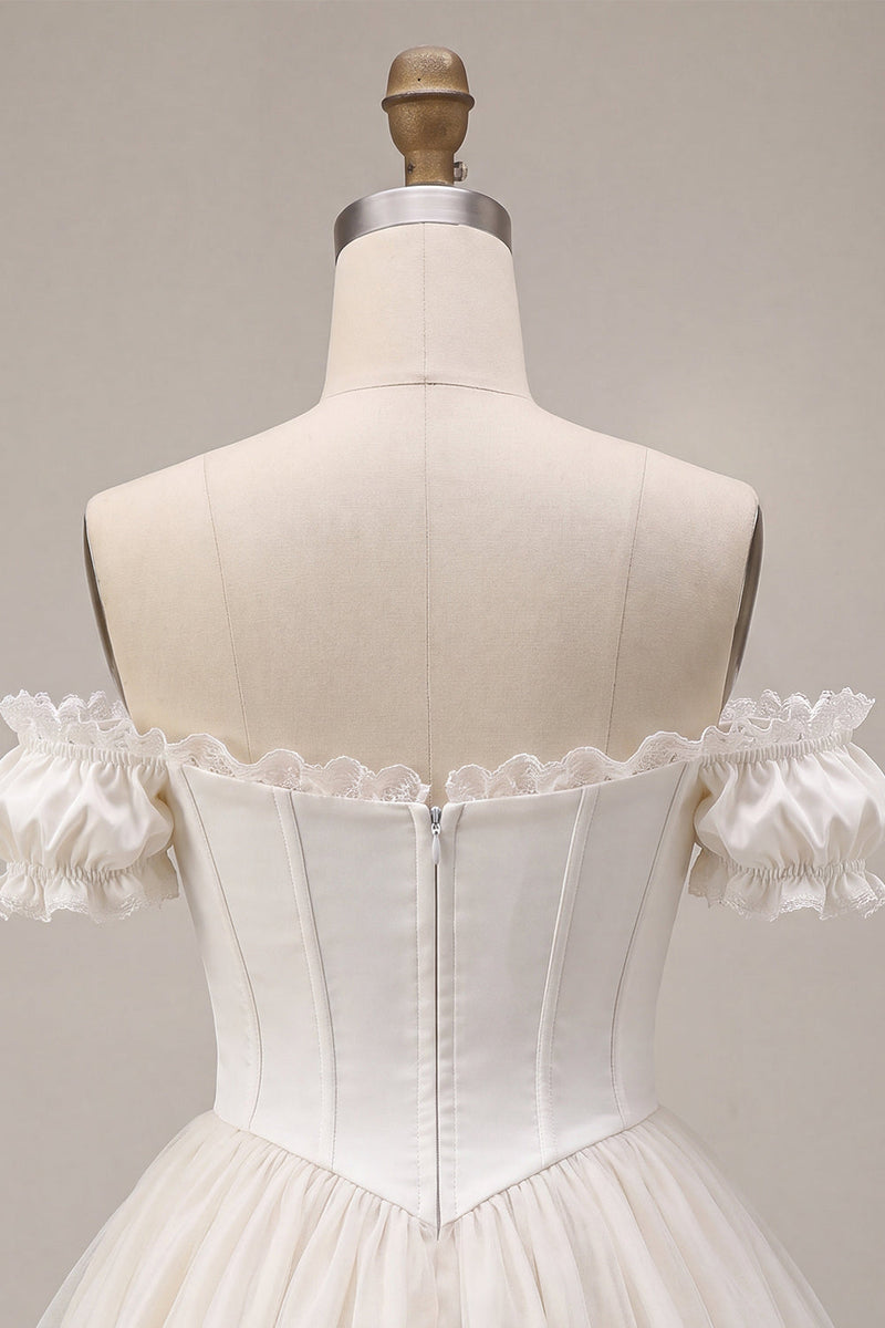 Load image into Gallery viewer, Ivory Ruffled A Line Short Corset Cocktail Dress with 3D Flower