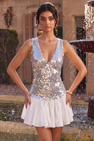 Load image into Gallery viewer, Sparkly Silve Sequin V-Neck A Line Short Cocktail Dress