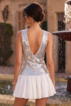 Sparkly Silve Sequin V-Neck A Line Short Cocktail Dress