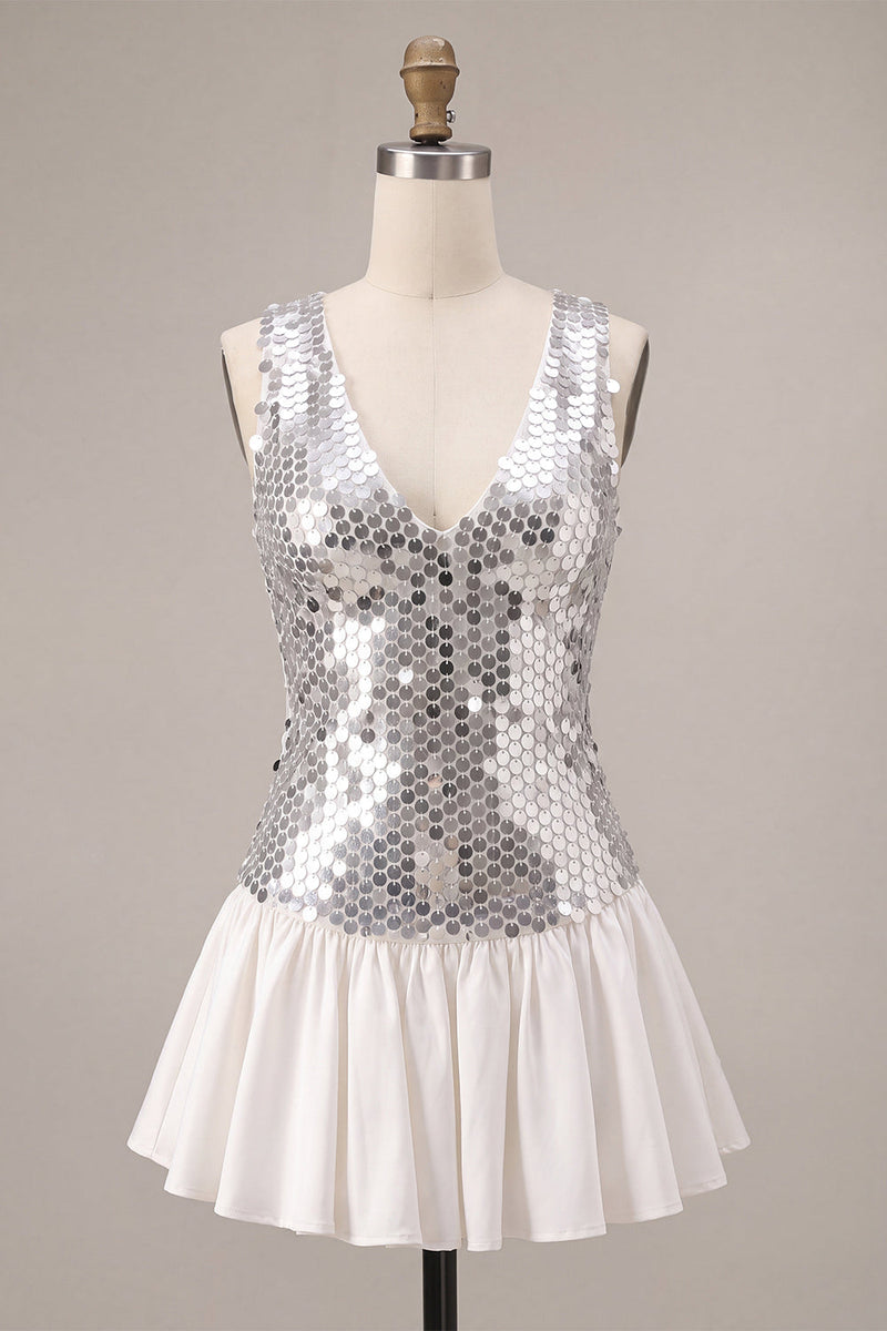 Load image into Gallery viewer, Sparkly Silve Sequin V-Neck A Line Short Cocktail Dress