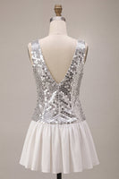 Load image into Gallery viewer, Sparkly Silve Sequin V-Neck A Line Short Cocktail Dress
