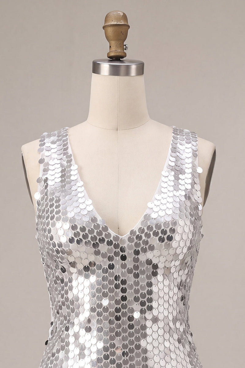 Load image into Gallery viewer, Sparkly Silve Sequin V-Neck A Line Short Cocktail Dress