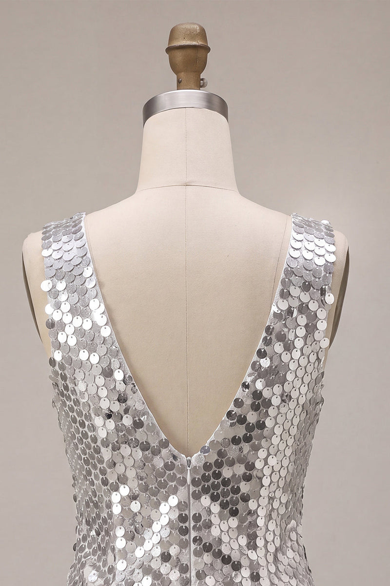 Load image into Gallery viewer, Sparkly Silve Sequin V-Neck A Line Short Cocktail Dress