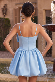 Sky Blue Satin A Line Short Corset Cocktail Dress with Bow
