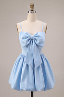 Load image into Gallery viewer, Sky Blue Satin A Line Short Corset Cocktail Dress with Bow