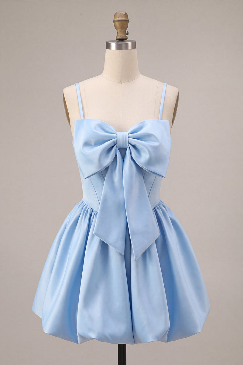 Load image into Gallery viewer, Sky Blue Satin A Line Short Corset Cocktail Dress with Bow