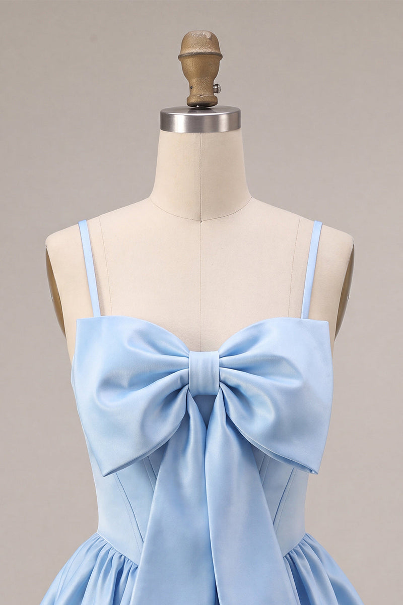 Load image into Gallery viewer, Sky Blue Satin A Line Short Corset Cocktail Dress with Bow