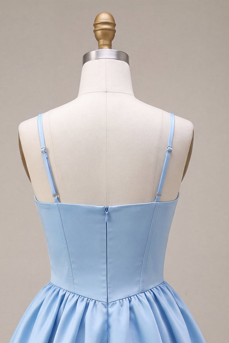 Load image into Gallery viewer, Sky Blue Satin A Line Short Corset Cocktail Dress with Bow