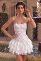 Load image into Gallery viewer, White Pink Flower Strapless Short Corset Cocktail Dress with Ruffles