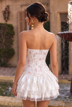 White Pink Flower Strapless Short Corset Cocktail Dress with Ruffles